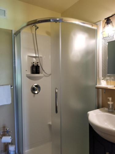 a shower stall in a bathroom with a sink at Petit Hôtel Amara in La Malbaie