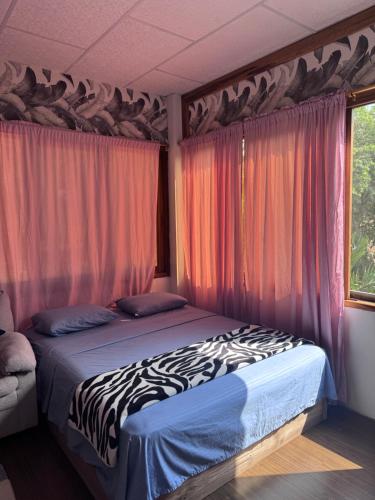 a bedroom with a bed with curtains and a zebra at La Casa De Eros in Ayampe