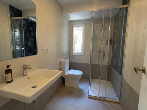 a bathroom with a sink and a toilet and a shower at Hostal Paco Marbella in Marbella