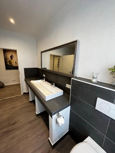 a bathroom with a sink and a large mirror at Residenz Royal in Sandhausen
