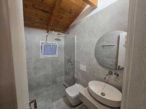 a bathroom with a toilet and a sink and a mirror at Guest House Luiza in Borsh
