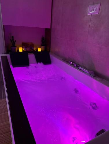a purple bath tub with pink lighting in a room at SpaNish SKY 1 sauna&jacuzzi in Niš