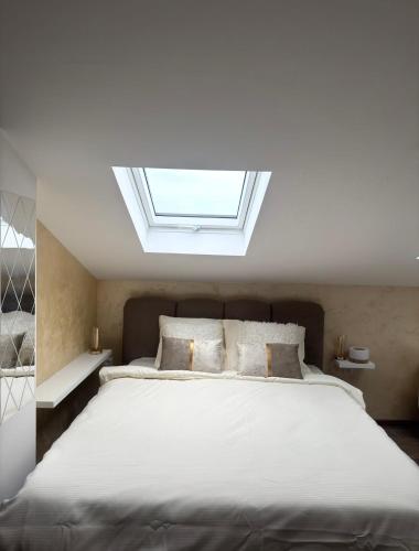 a bedroom with a large white bed with a skylight at SpaNish SKY 1 sauna&jacuzzi in Niš