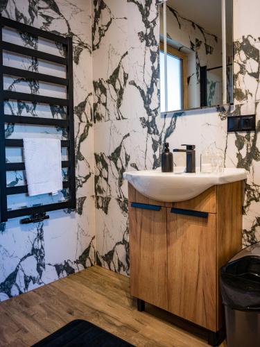 a bathroom with a sink and a mirror at Ostoja Urnica in Falsztyn