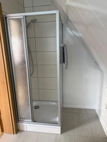 a shower in a bathroom with a glass door at Ankerplatz Drakenburgi in Drakenburg