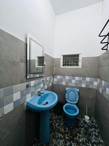 a bathroom with a blue toilet and a sink at L'Appart des Amis in Antsiranana