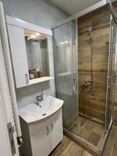 a bathroom with a sink and a shower at Stan na dan Stanojević in Bratunac