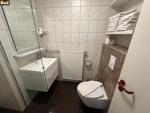a small bathroom with a toilet and a sink at Ferienwohnung Weiss in Rust