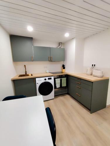a kitchen with green cabinets and a white appliance at Cantinho do Corgo in Vila Real