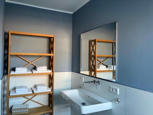 a bathroom with a sink and a mirror at freiheitACHT in Raesfeld