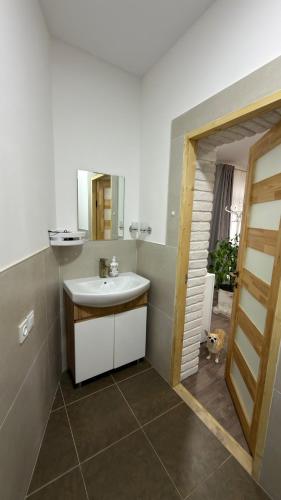 a bathroom with a sink and a mirror at La casa di Elena in Reni