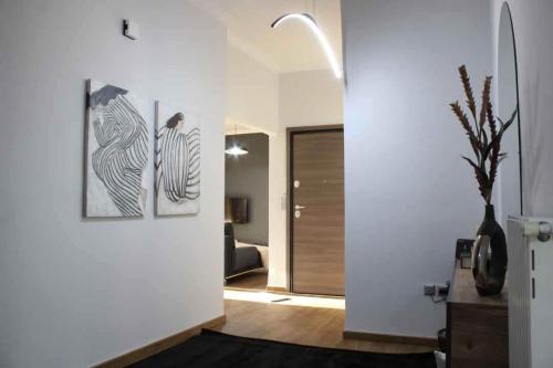 a hallway with three pictures of zebras on the wall at Theasis apt in Neméa