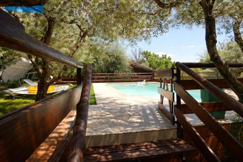 a wooden bridge leading to a swimming pool with trees at Scappo in Umbria, Eva in Fornole