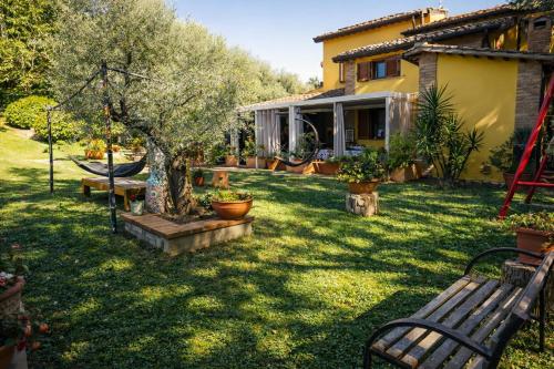 a yard with benches and a tree and a house at Scappo in Umbria, Eva in Fornole