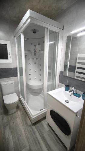 a bathroom with a shower and a toilet and a sink at Casa Patio Zamora in Zamora