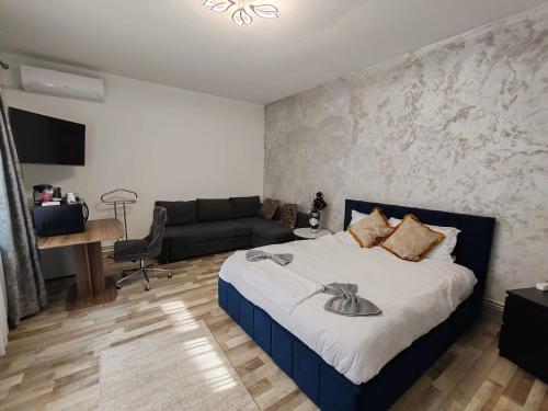 a bedroom with a bed and a living room with a couch at Fabrizio house in Timişoara
