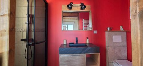 a red bathroom with a sink and a shower at Chambre Ephédra in Sampzon