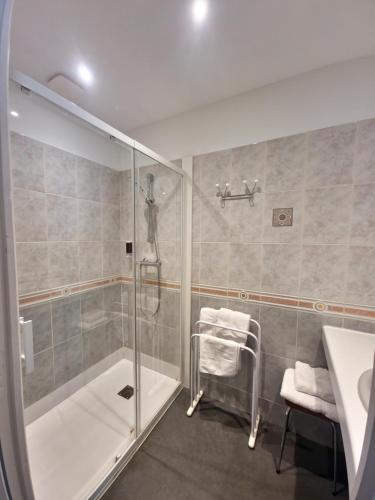 a bathroom with a shower and a sink at Hôtel Le Lons in Foix
