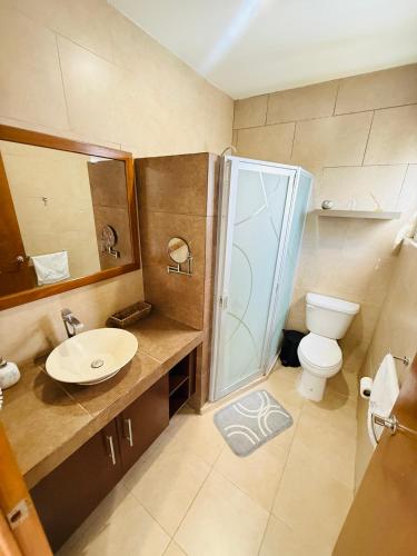 a bathroom with a shower and a toilet and a sink at Casa Ejecutiva Acogedora Impecable AGS in Aguascalientes