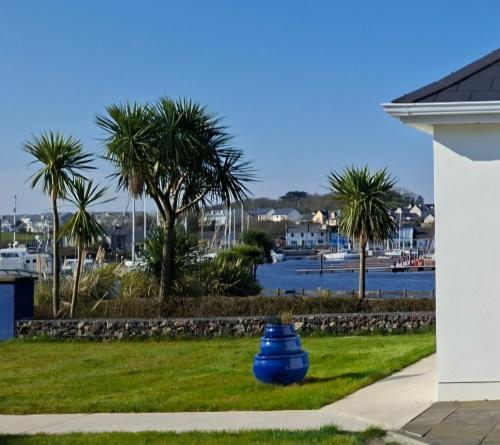 a blue fire hydrant in the grass next to a house at Ferry Lodge Cottage in Kilrush