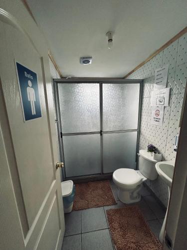 a bathroom with a shower and a toilet and a sink at Ruta Pata Austral in Puerto Varas