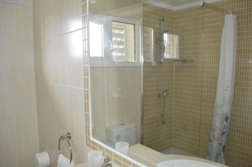 a bathroom with a shower and a toilet and a sink at Tavira Vacations Apartments in Tavira