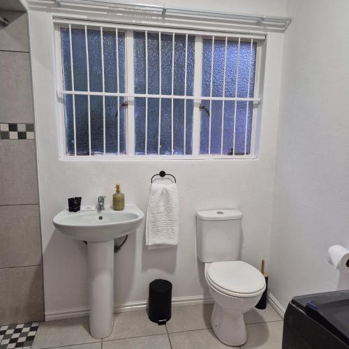 a bathroom with a toilet and a sink and a window at 05 on Mc Donald in Kirkwood
