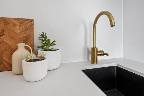 a kitchen counter with a sink and two potted plants at Sunset Hideaway in Marino in Marino