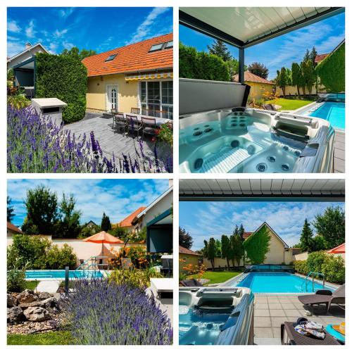 a collage of pictures of a house and a swimming pool at Villa GreenTree - with Private Pool close to Budapest in Budakalász