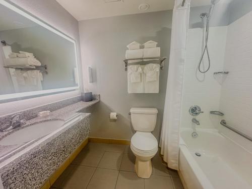 a bathroom with a toilet and a tub and a sink at Clarion Pointe in Winnipeg