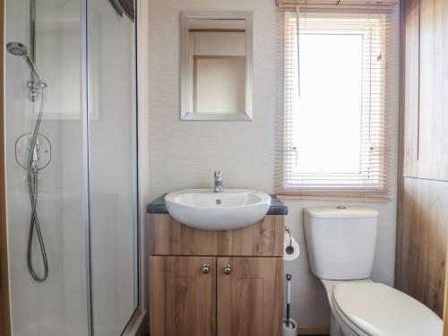 a bathroom with a sink and a toilet and a shower at 23 Gull Court in Porthmadog