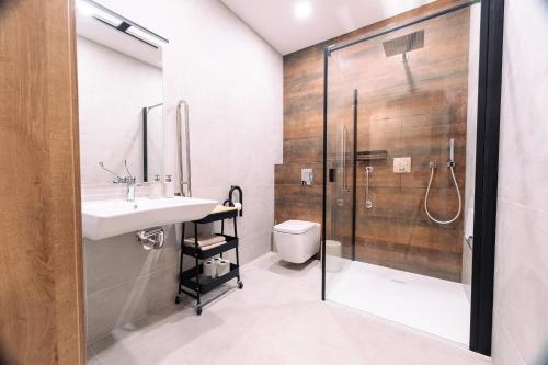 a bathroom with a shower and a sink and a toilet at ApartHouse in Klimontów