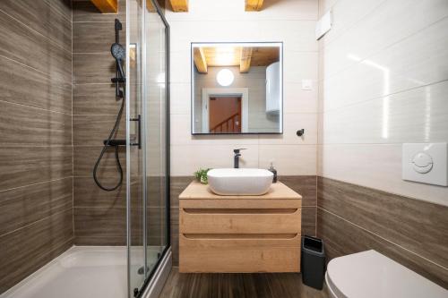 a bathroom with a sink and a mirror at Stone House Dida Toni Tribunj in Tribunj