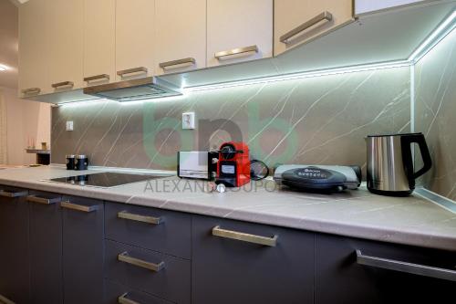 a kitchen with a counter with a appliance on it at Elaion House in Agia Paraskevi
