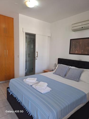 una camera da letto con un letto blu con sopra degli asciugamani di SUNNY COAST a Paralimni