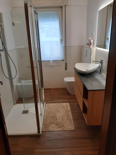 a bathroom with a shower and a sink and a toilet at casa vacanza DolceVita in Averara