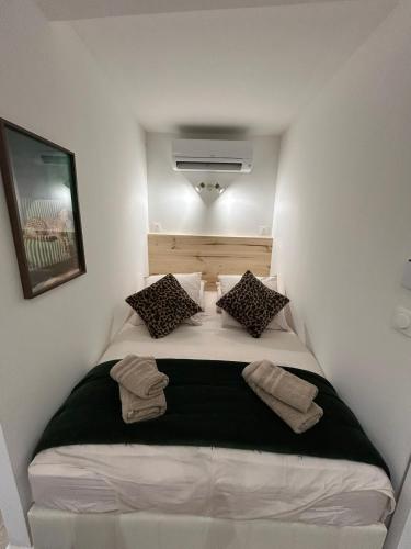 a small bedroom with a bed with two pillows at Léopard vert - Clim - Tout inclus in Aubagne