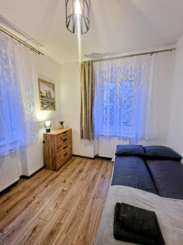 a bedroom with a bed and a wooden floor at Apartament Kris in Wałbrzych