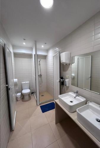a bathroom with a sink and a toilet and a shower at Albergue Mar del Plata in Fisterra