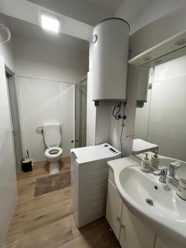 a white bathroom with a toilet and a sink at Apartman Caminito in Zadar