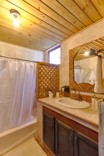a bathroom with a sink and a tub and a mirror at Villa ines-4X4only-Jarabacoa-View-Jacuzzi-5BR in Jarabacoa