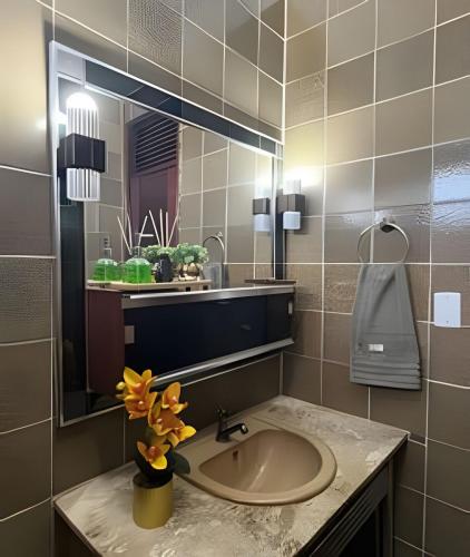 a bathroom with a sink and a mirror at Studio Sol in Mossoró