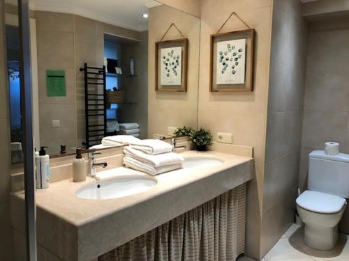 a bathroom with a sink and a toilet at Côté Baie avec parking-wifi- draps et serviettes in Hendaye