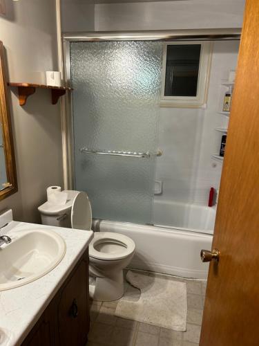 a bathroom with a shower and a toilet and a sink at Home sweet home in Thunder Bay