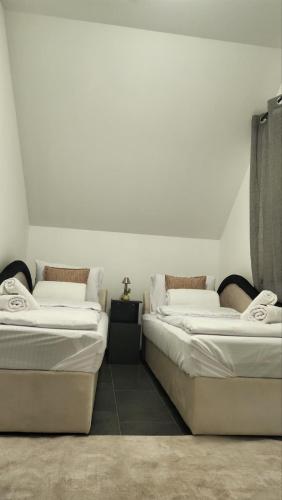 two beds in a room with white walls at Crassula Lux 2 in Surčin