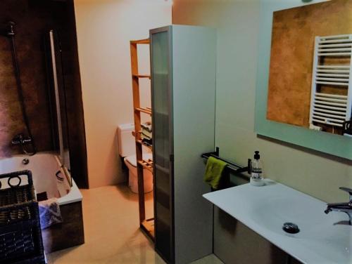 a bathroom with a sink and a mirror at Apartament Cal Jalmar in Solsona