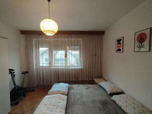 a bedroom with two beds and a large window at Apartman Čeliković centar Šamca, parking, balkon, WiFi in Bosanski Šamac