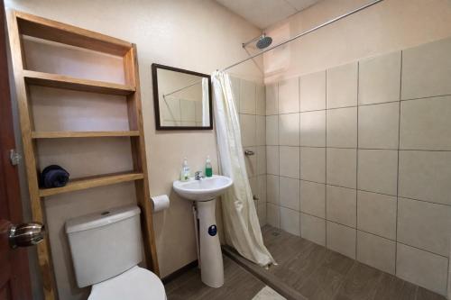 a bathroom with a toilet and a sink and a shower at Good Vibes Apartments in Talamanca