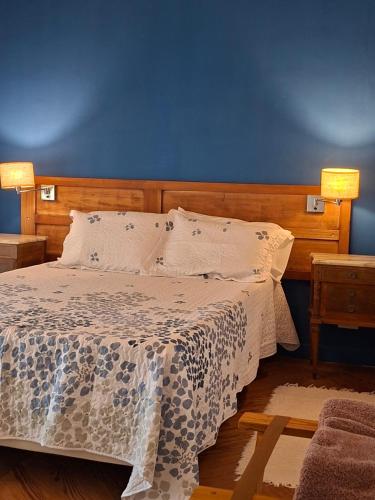 a bedroom with a bed with a blue wall at VersionMoreno apart hotel in General Villegas