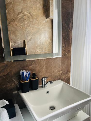 a white sink in a bathroom with a mirror at Vila Biva in Vrčin